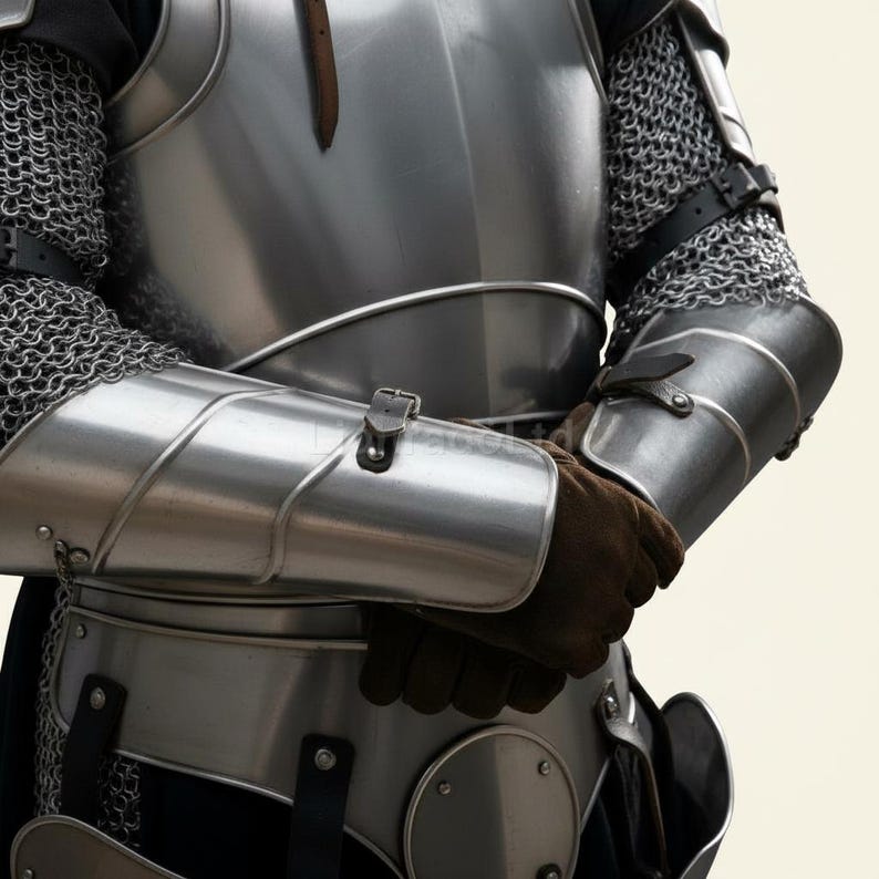 May include: Close-up of a medieval knight's armor. The polished steel armor includes a breastplate, arm guards, and chainmail. Brown leather gloves are visible. The armor is secured with straps and buckles, showcasing historical craftsmanship.