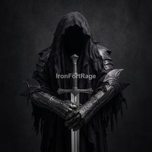 Pode incluir: Uma figura escura encapuzada usa uma armadura de metal preto intrincada nos ombros e antebraços, segurando uma espada longa e reta verticalmente. O texto IronFortRage é visível no centro, envolto em tecido preto esfarrapado.
