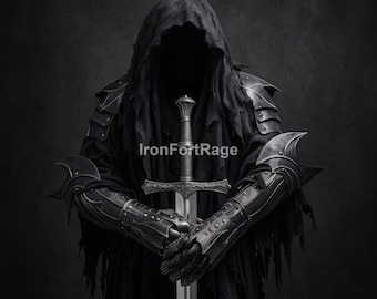 May include: A dark, hooded figure wearing intricate black metal armor on the shoulders and forearms, holding a long, straight sword vertically. The text IronFortRage is visible across the center of the figure, which is draped in tattered black fabric.