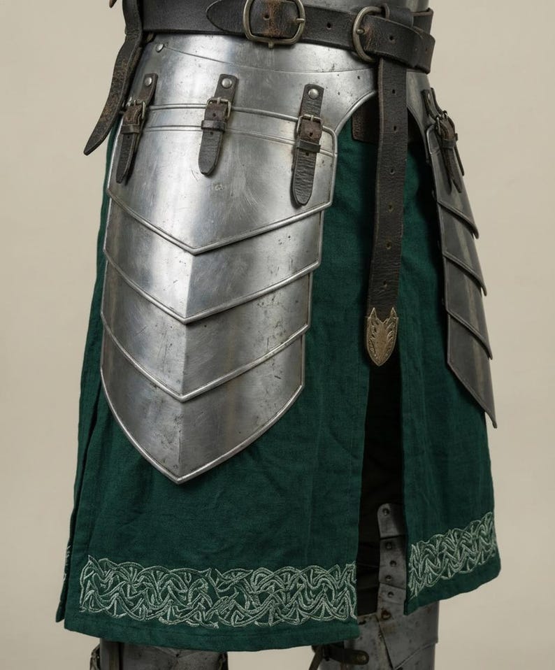 May include: Close-up of medieval armor, featuring layered metal plates and leather straps. The armor is silver with a dark leather belt and a green fabric skirt with white embroidered trim. The design suggests historical or fantasy themes.