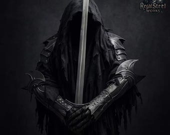Conjunto completo de armadura de Caballero Negro / Disfraz de Rey Brujo de Angmar / Disfraz completo de Jinete Oscuro / Disfraz de Fantasma / Disfraz de la Parca con Capa Larga / Disfraz de Espectro Anular