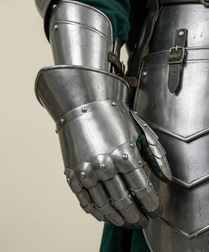 May include: Close-up of a medieval steel gauntlet, part of a suit of armor. The gauntlet is articulated, with individual plates for the fingers and wrist. Rivets secure the plates. A green fabric is visible beneath the armor.