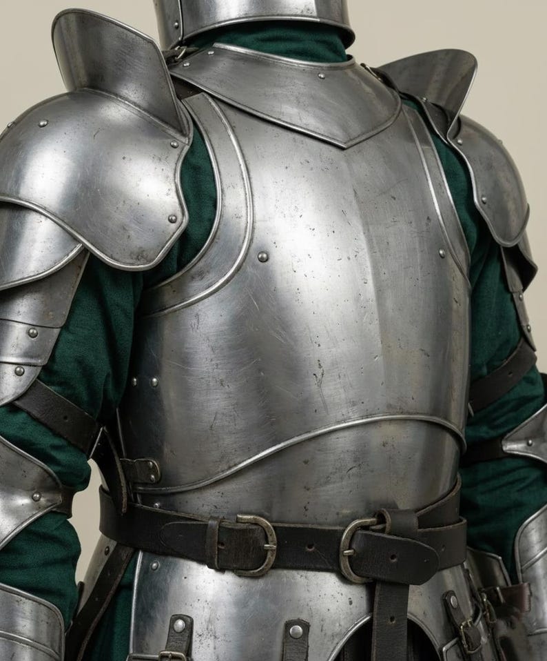 May include: Close-up of a medieval steel armor set. The armor includes a breastplate, shoulder guards, and arm protection, all riveted together. A dark leather belt with a buckle is visible. The armor is worn over a green garment.