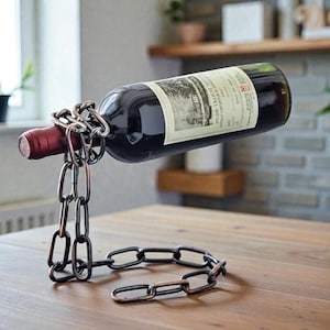 May include: A wine bottle displayed in a decorative chain wine holder. The bottle is dark with a white label. The chain is a dark metallic colour, and the holder is resting on a wooden surface.