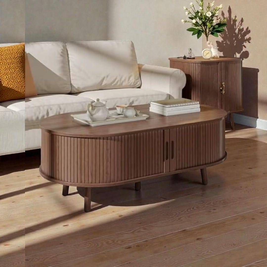 Oval Coffee Table With Tambour Door Mid Century Modern Fluted Storage ...