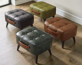 Büscheliger Leder-Fußhocker Ottomane kleiner gepolsterter Hocker Eingang Schuhbank Wohnzimmer Akzent Sitz minimalistisches Wohnkultur 4 Farben
