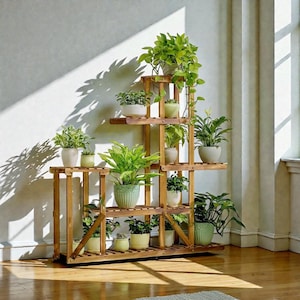 May include: A multi-tiered wooden plant stand with several potted plants. The stand is made of light brown wood and has multiple shelves of varying sizes. The plants have green foliage and are in white and green pots. The stand is placed on a wooden floor.