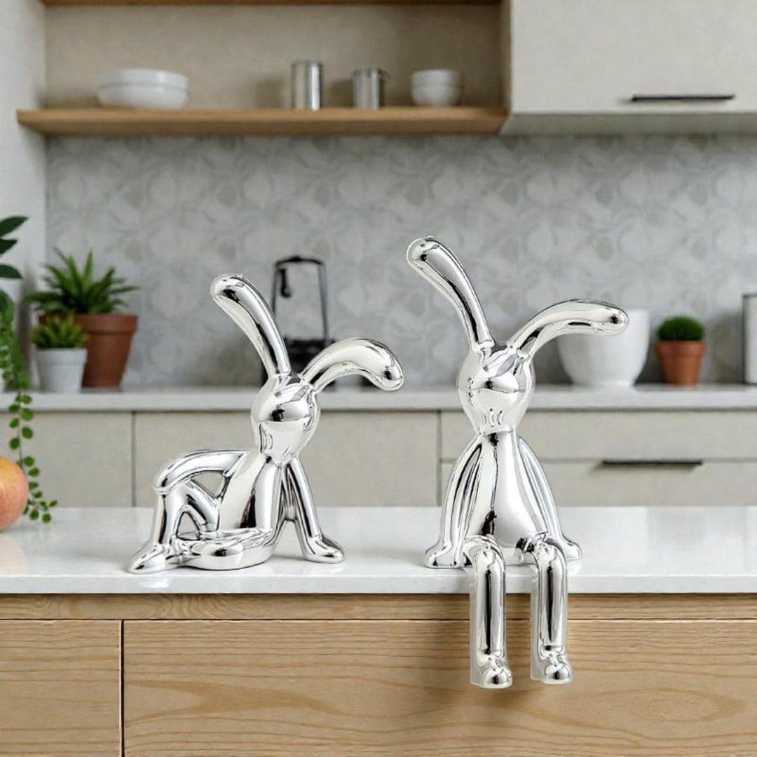 Rabbit Figurine Set Cute Long Ear Bunny Statue Modern Desk Shelf Home ...