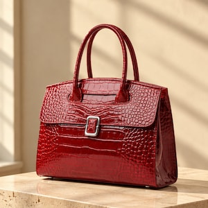 May include: A glossy, deep red handbag featuring a textured crocodile-skin pattern. The bag has two top handles, a structured rectangular shape, and a central silver-toned rectangular metal clasp on the front flap closure.