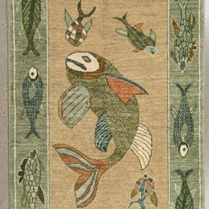 Handmade Fish Motif Hallway Runner-Unique Wool Rug for Kitchen-Whimsical Tribal Animal Pattern Runner-Long Narrow Beige Entryway Rug.