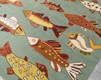 Koi Fish, Oushak Style Rug, Pastel Floral Carpet, Living Room Bedroom Area Rug