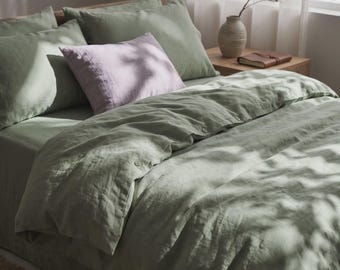 Sage Green Cotton Duvet Cover Set | Sage Bedding Queen King, Sheet Set | Washed 100% Cotton