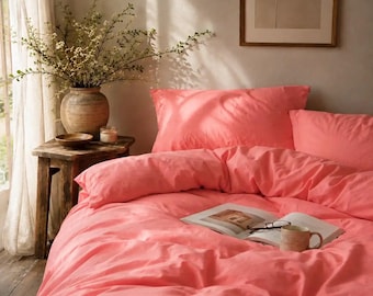 Salmon Pink Cotton Duvet Cover Set — Soft Hotel-Quality Ranforce Bedding, Coral Pink | Queen, King & Custom Sizes