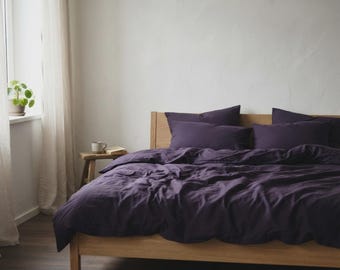 Eggplant Cotton Duvet Cover Set | Plum Deep Purple Bedding Queen King | French Poplin 100%