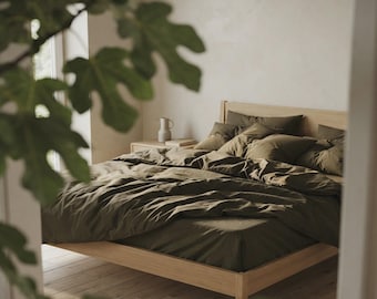 Olive Green Cotton Duvet Cover Set | Army Green Bedding Queen King | French Poplin 100% Cotton