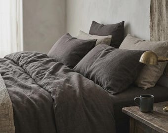 Charcoal Taupe Washed Cotton Duvet Cover Set | Greige Warm Grey Bedding Queen King
