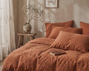 Cinnamon Washed Cotton Duvet Cover Set | Ginger Copper Spice Bedding Queen King