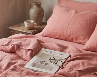Dusty Rose Linen Duvet Cover Set | Pink Linen Sheet Set, Linen Bedding Queen King, Soft Linen Fitted Sheet