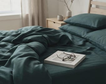 Deep Teal Cotton Duvet Cover Set | Dark Teal Bedding, Sheet Set Queen King | French Poplin 100% Cotton