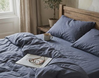 Slate Blue Cotton Duvet Cover Set | Steel Blue Bedding, Sheet Set Queen King | French Poplin 100% Cotton