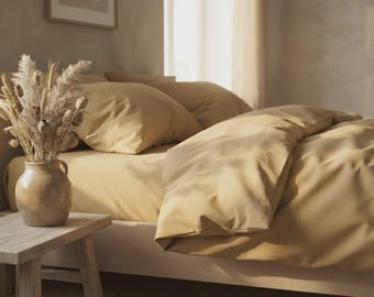 Honey Gold Cotton Duvet Cover Set | Straw Yellow Bedding Queen King | French Poplin 100% Cotton