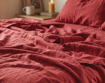 Deep Red Duvet Cover Set | Crimson Washed Cotton Bedding Queen King | Garnet Scarlet
