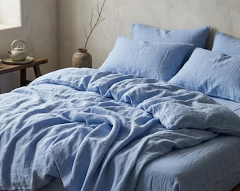 Blaues Leinen-Baumwoll-Bettwäscheset • Hellblauer Bettbezug • Natürliche Leinenmischung • Atmungsaktiver Stoff • Weiches minimalistisches Schlafzimmer