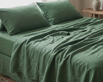 Green Linen Duvet Cover Set | Sage Linen Bedding, Sheet Set Queen King | Softened European Flax