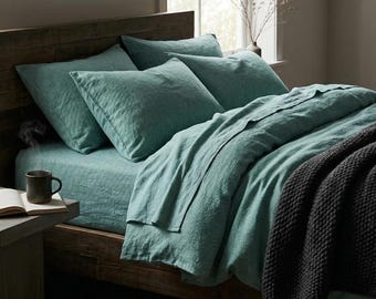 Turkoois gestreepte linnen katoenen beddengoedset • Dekbedovertrek met kuststreep • Linnenmix • Ademende natuurlijke stof • Beddengoed in nautische stijl