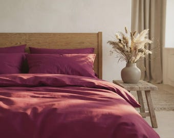 Berry Duvet Cover Set | Bordeaux Raspberry Cotton Bedding Queen King | French Poplin 100% Cotton