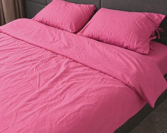 Hot Pink Cotton Duvet Cover Set | Fuchsia Bedding, Sheet Set Queen King | French Poplin 100% Cotton
