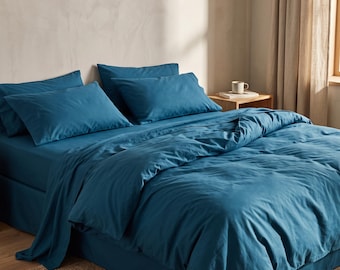 Dark Teal Duvet Cover Set | Petrol Blue Cotton Bedding Queen King | Peacock Aegean