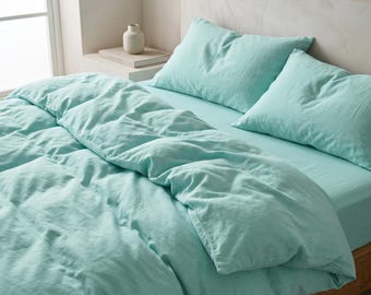Aqua Mint Washed Cotton Duvet Cover Set — Soft Stone-Washed Seafoam Bedding, Coastal Calm | Queen, King & Custom Sizes