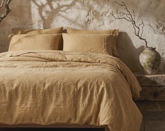 Mustard Linen Duvet Cover Set | Ochre Linen Bedding, Sheet Set Queen King | Softened European Flax