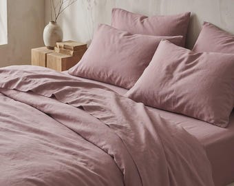 Dusty Rose Cotton Duvet Cover Set | Blush Pink Mauve Bedding Queen King | Washed 100% Cotton