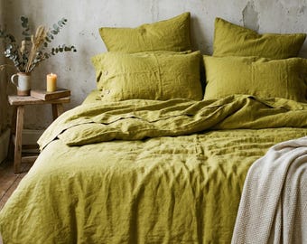 Chartreuse Linen Bedding Set • Fresh Green Duvet Cover • 100% Linen • Breathable Natural Fabric • Modern Accent Bedding • Custom Sizes