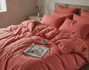 Coral Linen Bedding Set — 100% Pure Flax Linen | Breathable Natural Bedding in Warm Coral