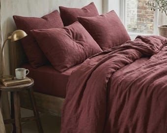 Burgundy Washed Cotton Duvet Cover Set | Marsala Wine Bedding Queen King | Deep Red
