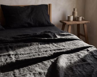 Black Linen Sheet Set | Fitted Flat Sheet Queen King | Natural Flax Linen Bedding
