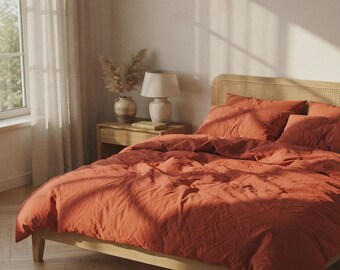Terracotta Duvet Cover Set | French Poplin Cotton Bedding Queen King | Clay Rust