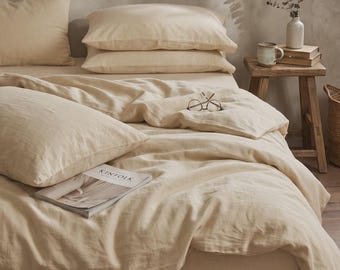 Cream Ivory Washed Cotton Duvet Cover Set | Ecru Oatmeal Bedding Queen King | Natural