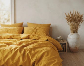Marigold Yellow Duvet Cover Set | Sunflower Cotton Bedding Queen King | Golden Mustard