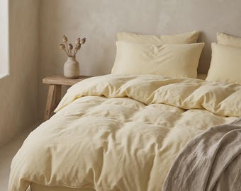Pale Yellow Cotton Duvet Cover Set | Butter Lemon Bedding, Sheet Set Queen King | Soft Washed Cotton