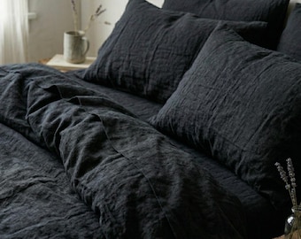 Black Linen Bedding Set • 100% Flax Linen • Minimalist Duvet Cover Set • Breathable Natural Fabric • Custom Sizes
