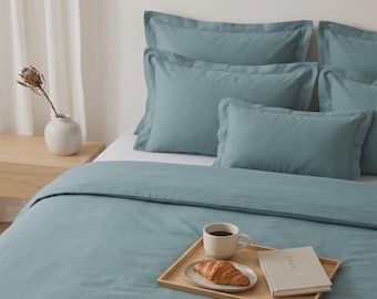 Dusty Teal Cotton Bedding Set — Soft 100% Poplin Bedding, Sea Glass Blue-Green | Queen, King & Custom Sizes