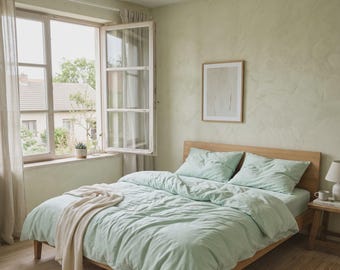 Mint Green Duvet Cover Set | Celadon Cotton Bedding Queen King | Seafoam Pale Mint