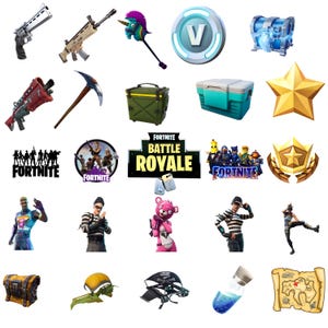 Puede incluir: Una colección de imágenes temáticas de Fortnite, que incluyen armas, personajes, logotipos y elementos del juego. Los elementos incluyen una pistola, un rifle de asalto, un pico, cofres del tesoro y un mapa. La paleta de colores incluye azul, dorado, verde y rosa.