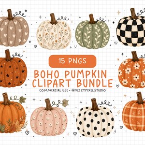 Boho Pumpkin Clipart Bundle, Fall Floral Leopard PNGs (Digital Download)