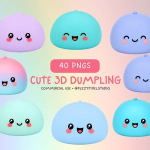 May include: A collection of eight 3D dumpling illustrations in various shades of blue, purple, and pink, each featuring a smiling face with rosy cheeks. The text reads 40 PNGS CUTE 3D DUMPLING COMMERCIAL USE @FUZZYPIXELSTUDIO on a gradient background.