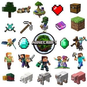 May include: A collection of pixelated images featuring characters and objects from the Minecraft video game. Includes a red heart, a treasure chest, a diamond, a pickaxe, and various character figures.